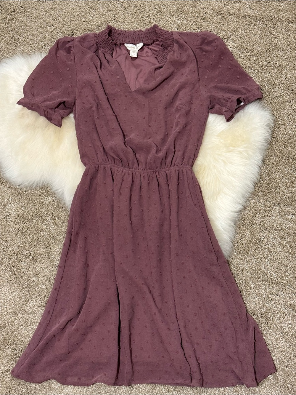 Monteau Women’s Textured Mauve Midi Dress with Smocked Neckline Size S